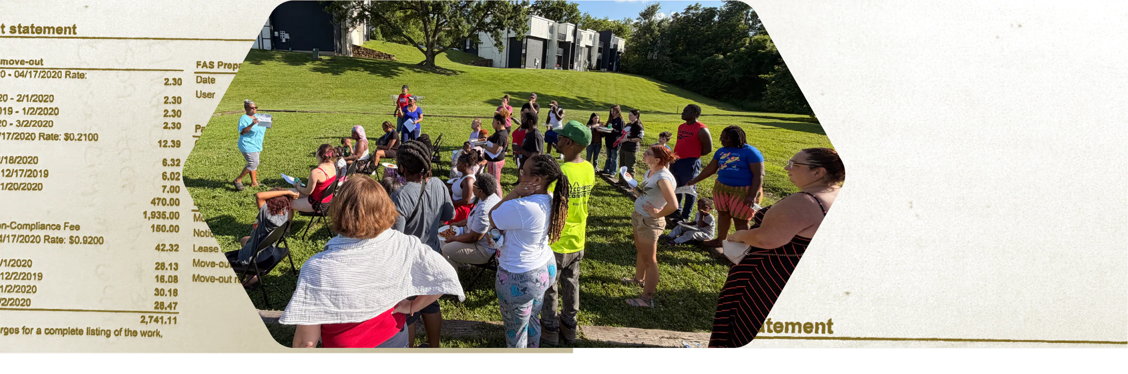 Tenants and organizers gathering outdoors at an apartment community.